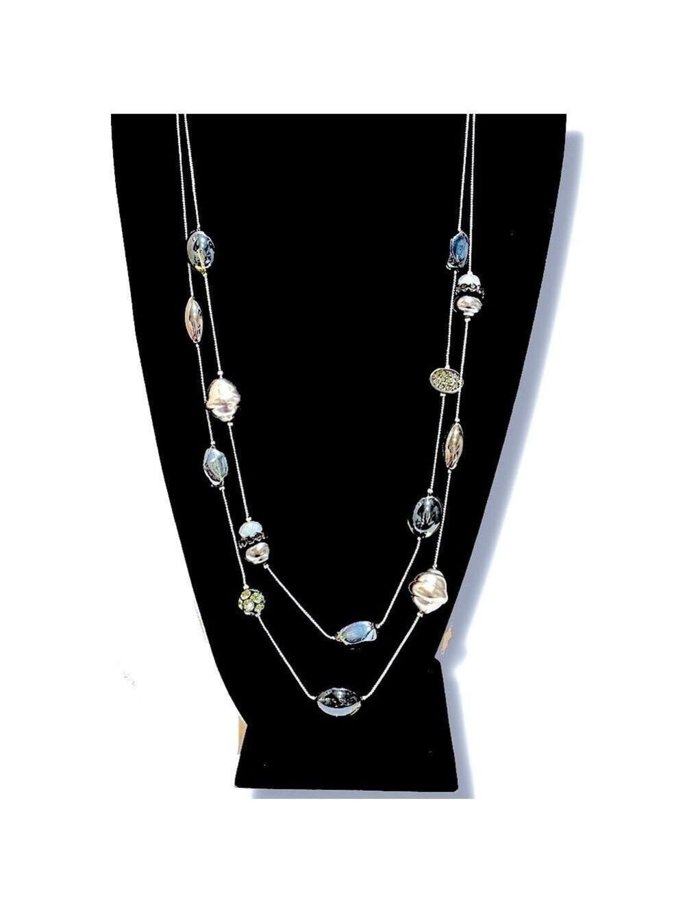 CHICO’S Blue/Gray Iridescent Stone Station Day-to-Night Layered Necklace | NWT